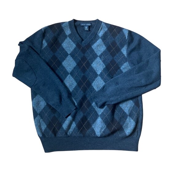 Banana Republic XL Argyle V-Neck Sweater Extra Fine Italian Merino Wool Black & - Picture 1 of 5